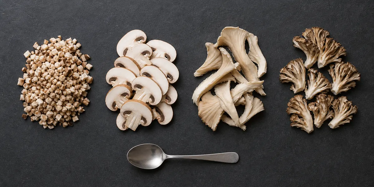 Fine mushroom mince, medium slices, torn oyster caps, and maitake fronds arranged by size