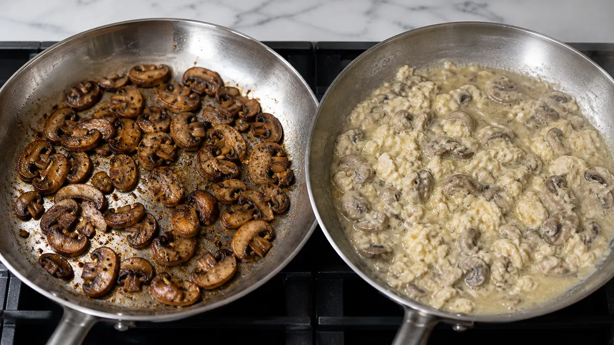 Browned mushrooms in a dry skillet beside watery scrambled eggs with pale mushrooms