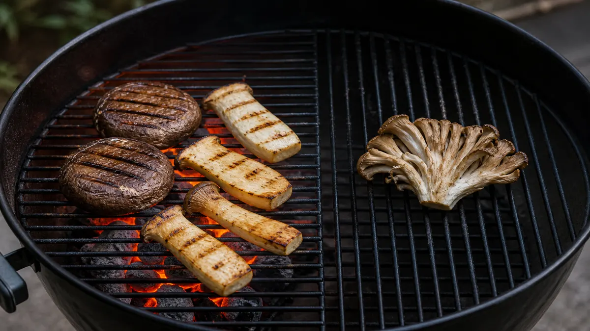 Mushrooms searing above concentrated coals beside a cooler finishing half of the grill