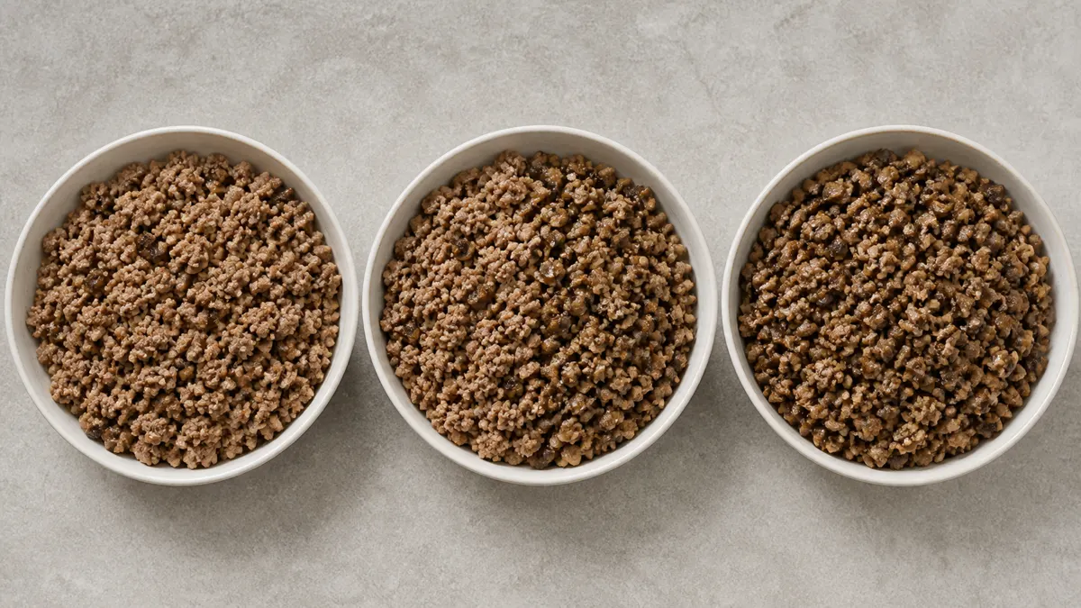 Three bowls with increasing amounts of cooked mushroom mince mixed with ground meat