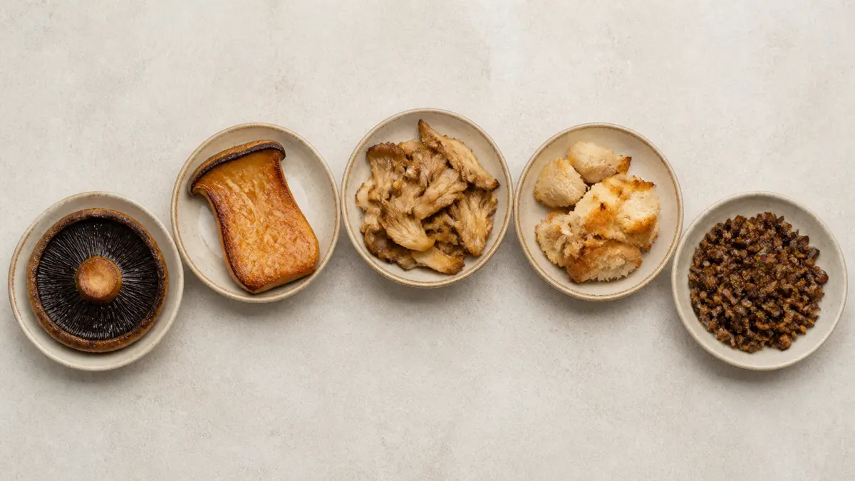 Whole mushroom cap, seared slab, pulled folds, flaky pieces, and browned mince