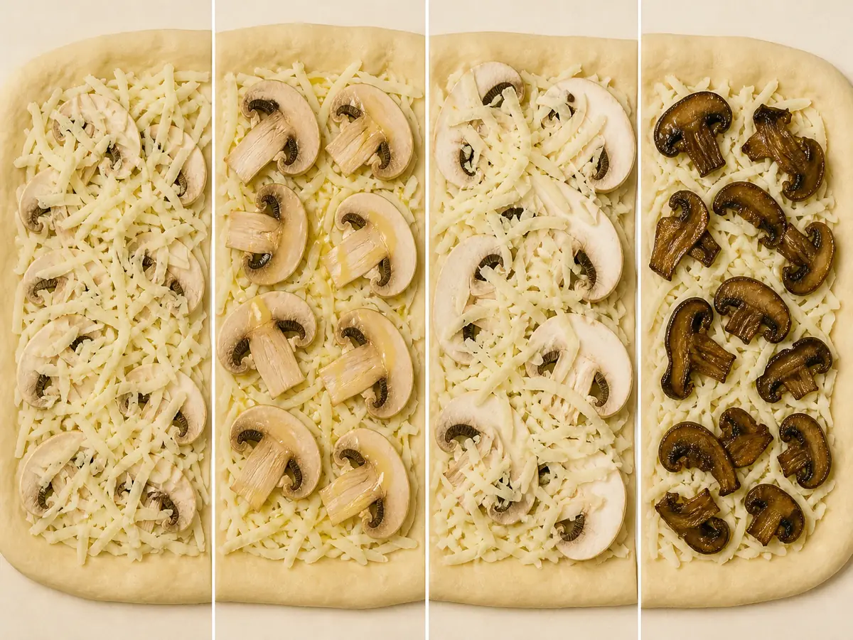 Four pizza sections showing raw slices under cheese, oiled slices above cheese, thicker partly covered slices, and precooked mushrooms on top