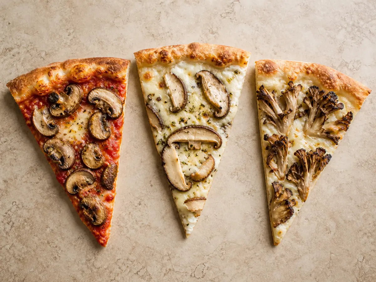 Red, white, and cheese-light pizza wedges topped with different mushrooms