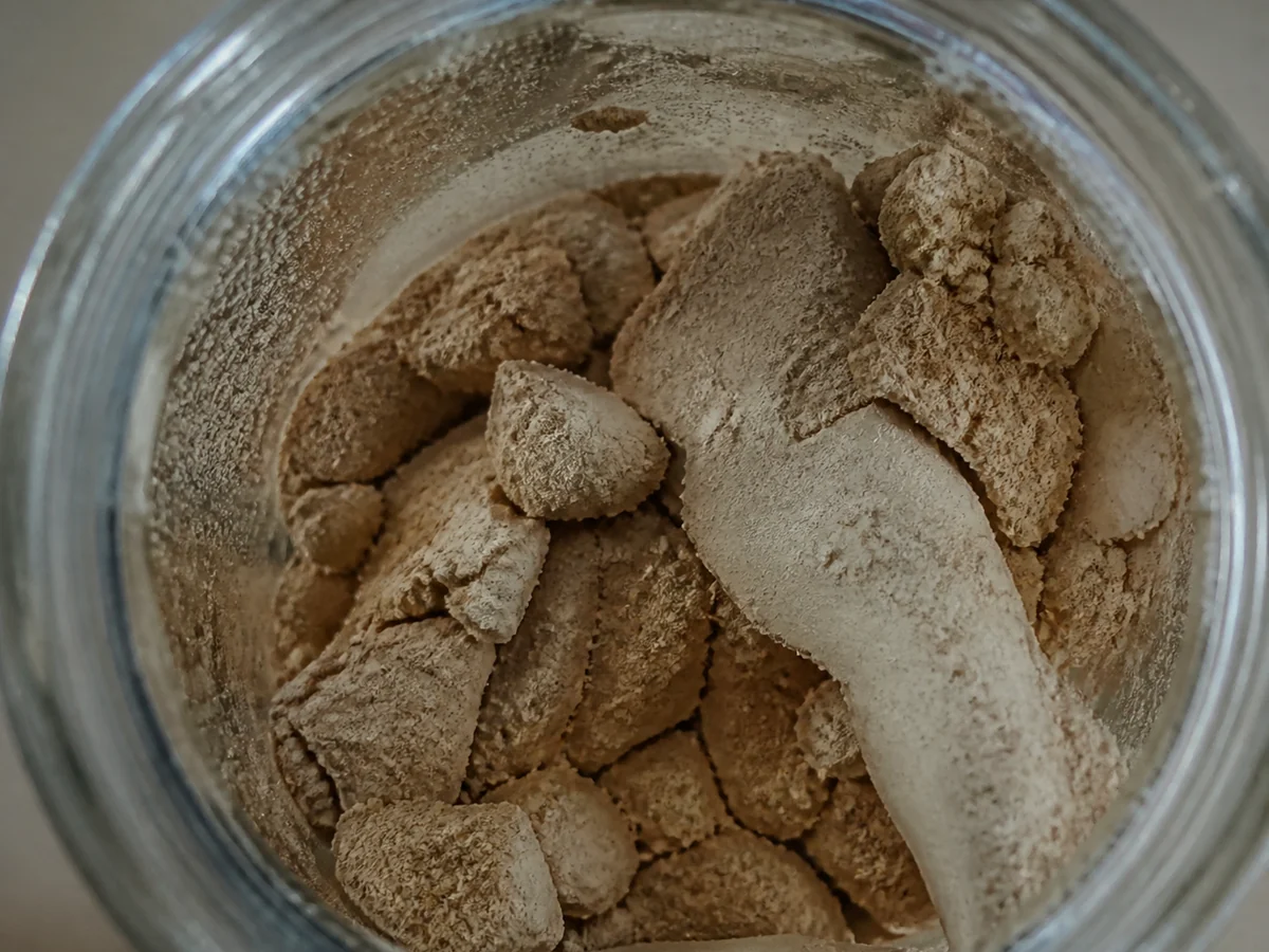 Mushroom powder clumped into damp lumps inside a jar with condensation on the glass