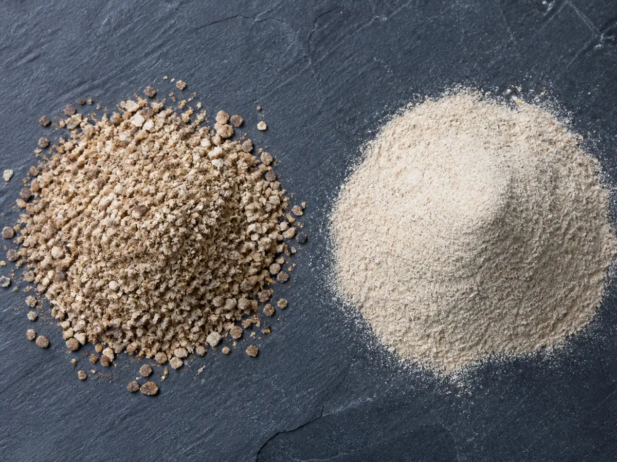 Two heaps of mushroom powder side by side, one coarse and gritty and one smooth and flour fine