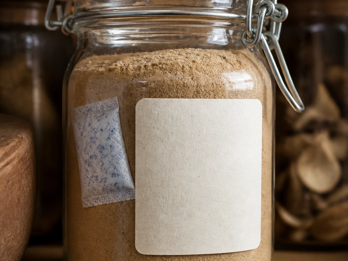 Sealed glass jar of mushroom powder on a shelf with a silica desiccant sachet visible inside