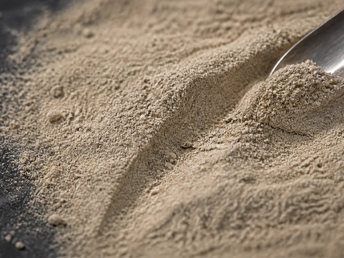 Extreme close-up of fine tan mushroom powder with a furrow drawn through it by a spoon tip
