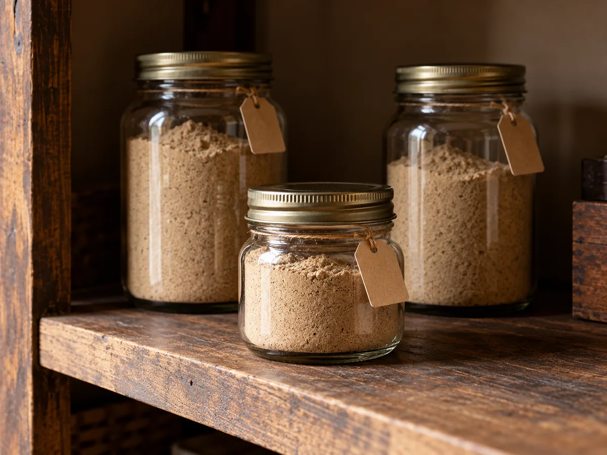 Small working jar of mushroom powder beside two sealed reserve jars