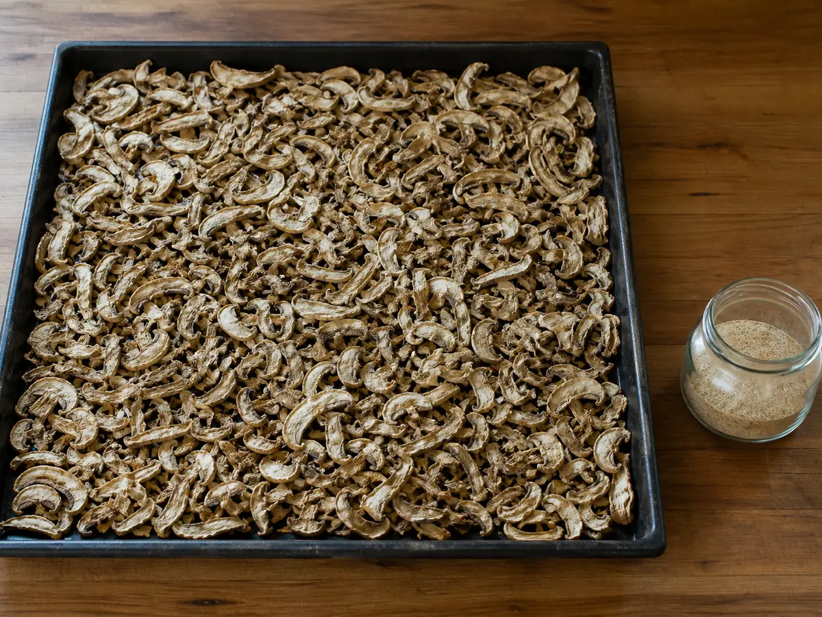 Large tray of dried mushroom slices beside a small glass jar of fine mushroom powder
