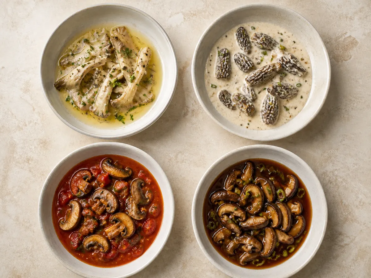Four mushroom sauces showing light wine butter, cream, tomato, and soy-based styles