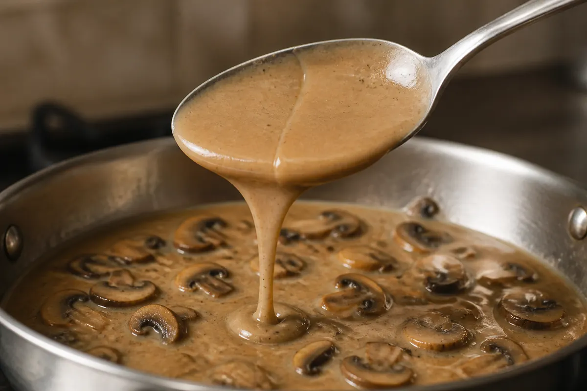 Glossy cremini sauce coating the back of a spoon above a shallow pan