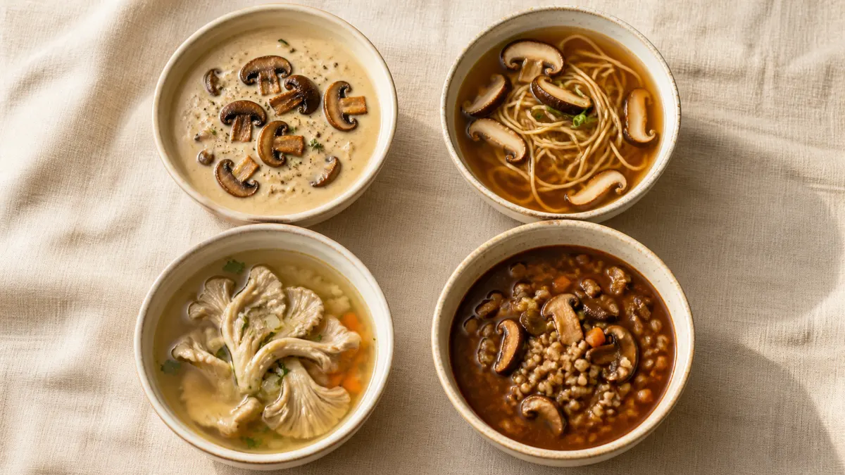 Creamy, clear, noodle, and barley mushroom soups in four different bowls