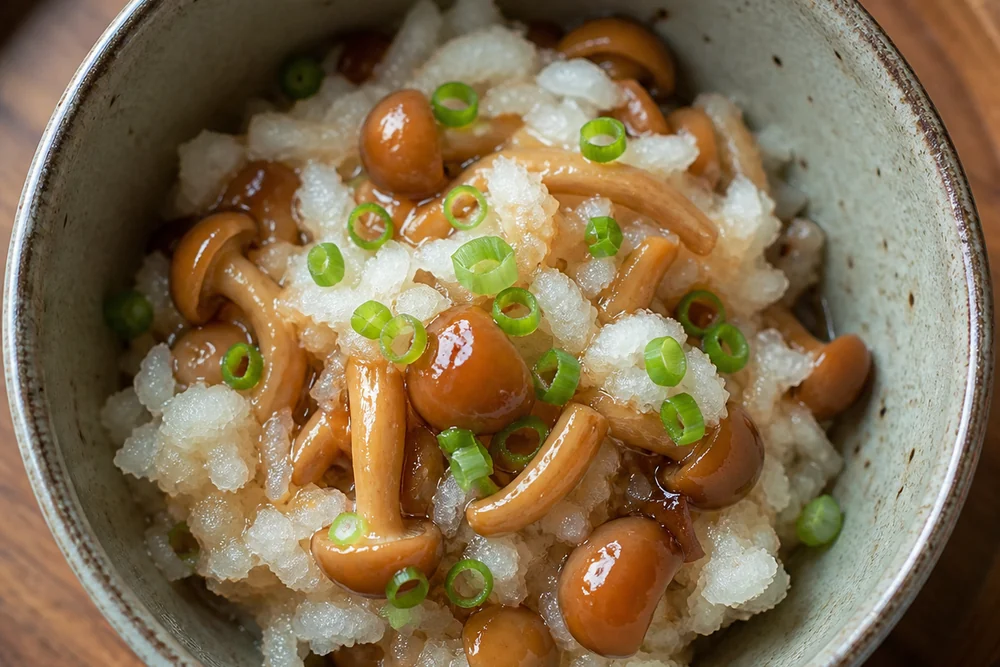 A small bowl of nameko mushrooms stirred through grated white daikon radish with soy and spring onion