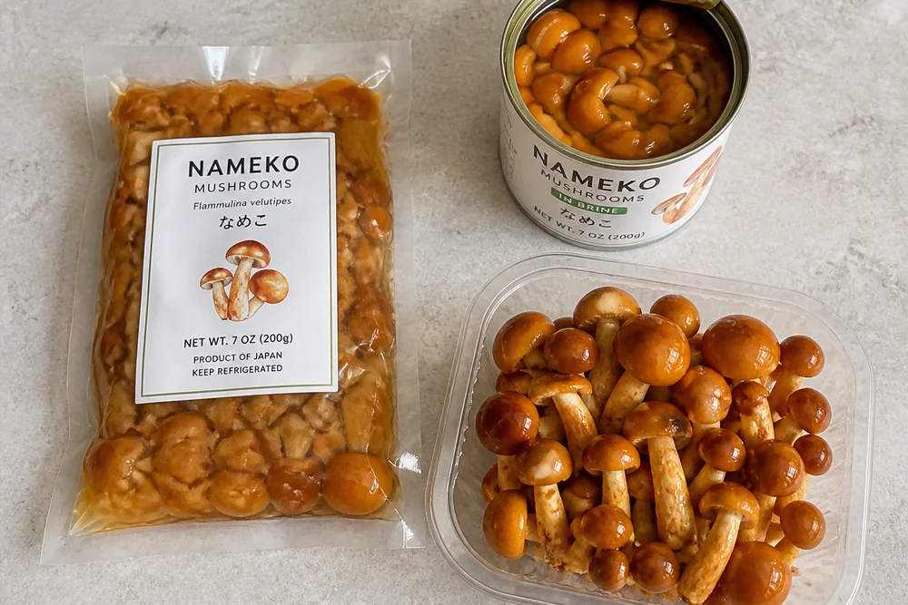 A vacuum-sealed pouch of nameko beside an open can of nameko in brine and a fresh punnet on a kitchen counter