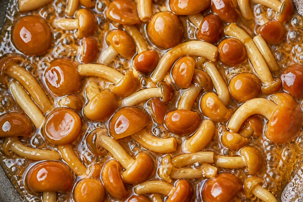 Nameko mushrooms cooking in a shallow pan with a little liquid, the coating thickening into a glossy sauce around them