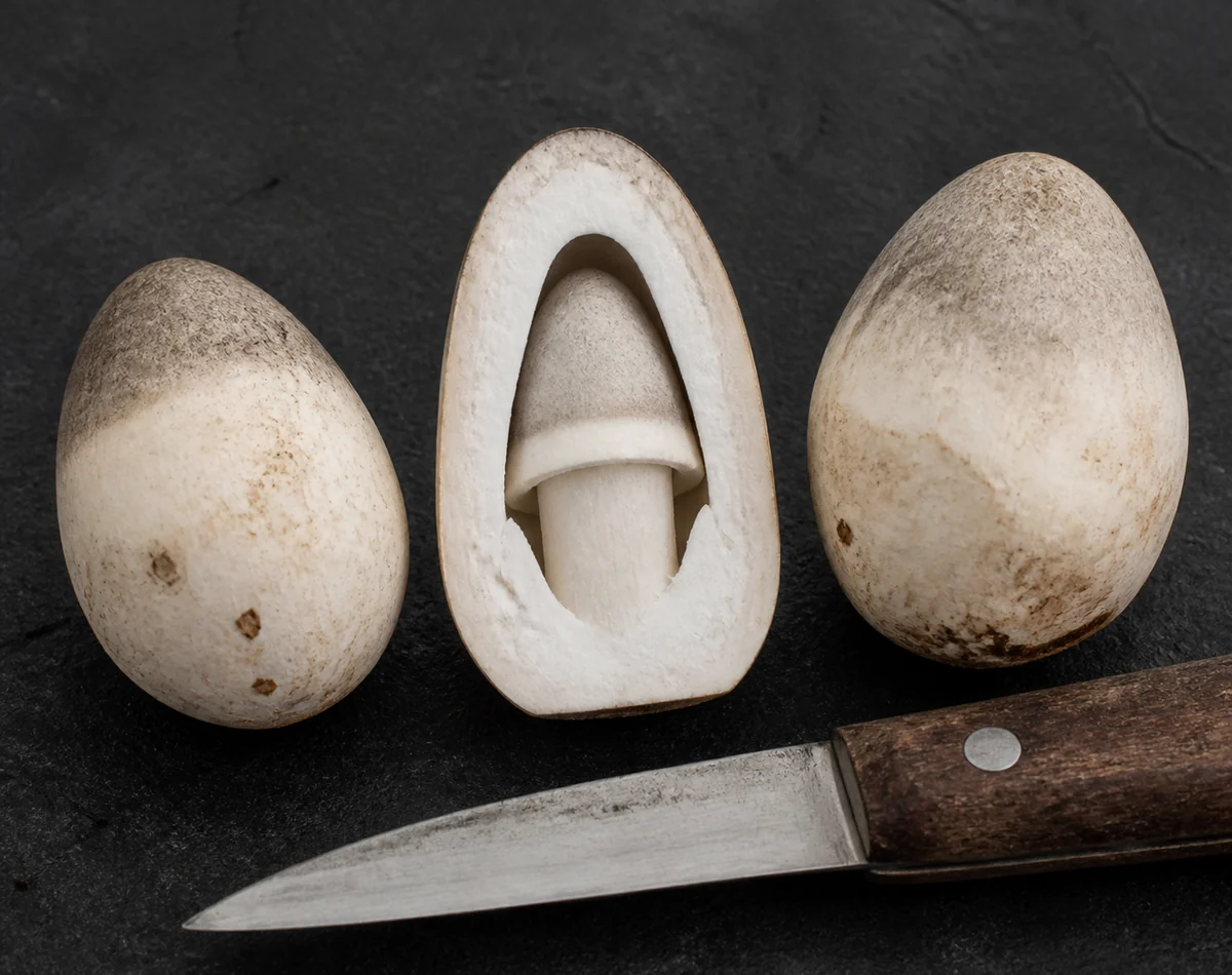 A fresh straw mushroom cut in half lengthwise showing the small cap and stem enclosed in the outer sack, beside two whole eggs and a knife