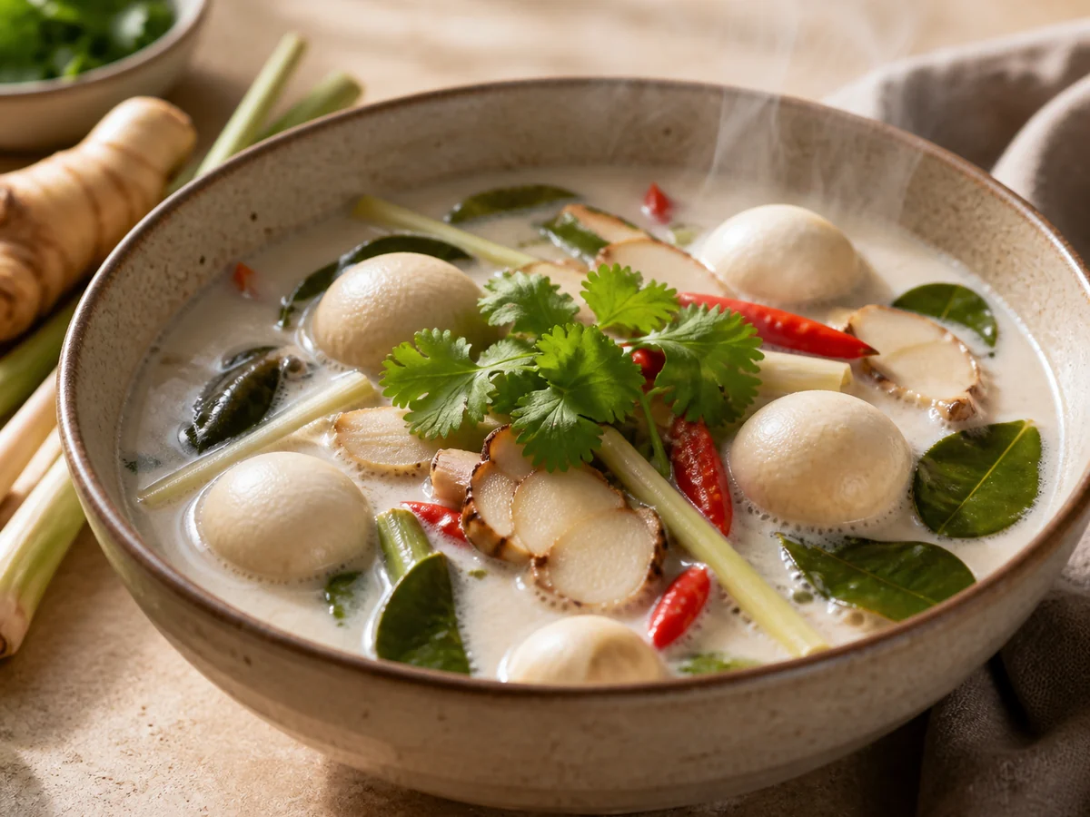 A bowl of coconut and lemongrass soup with whole straw mushrooms floating near the surface