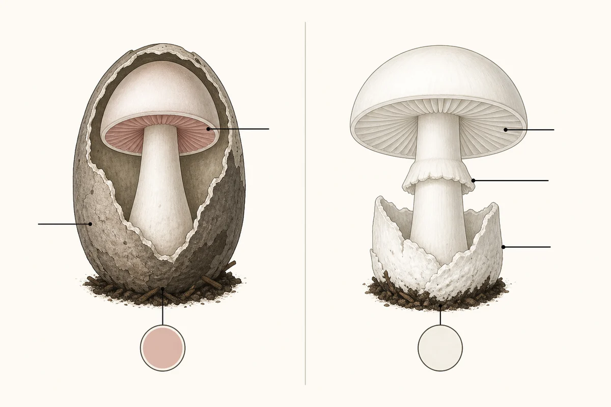 A diagram comparing a straw mushroom opened at the egg stage with a young deadly Amanita, marking the sack, the ring, the gill color and the spore color