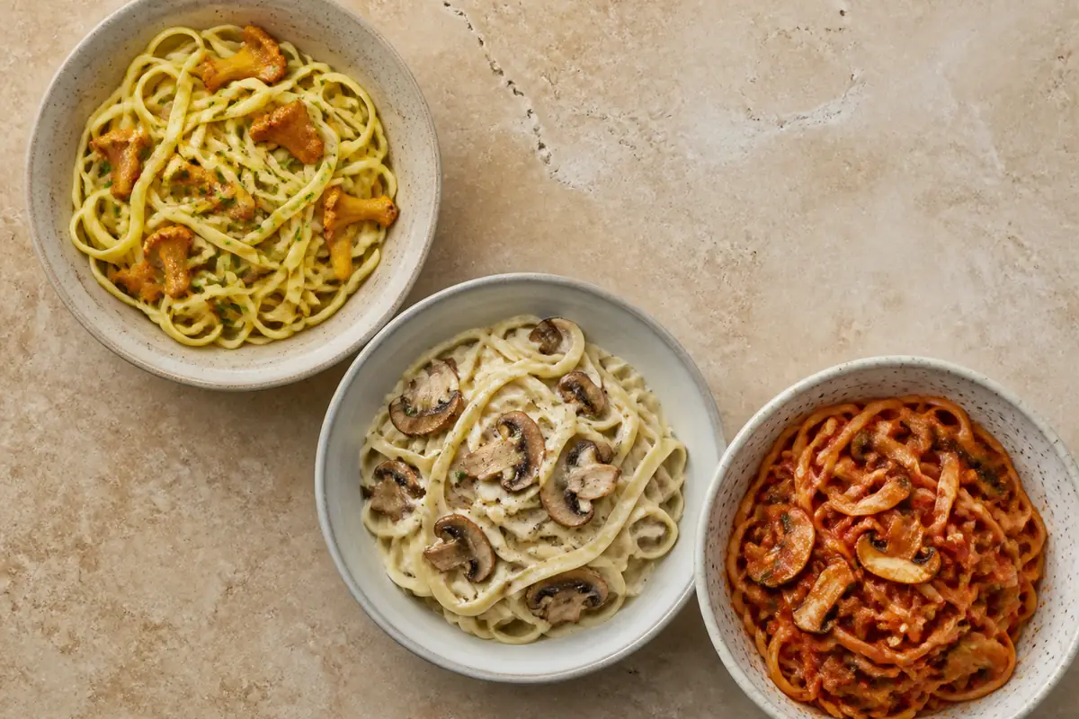 Butter, cream, and tomato pasta bowls paired with different mushrooms