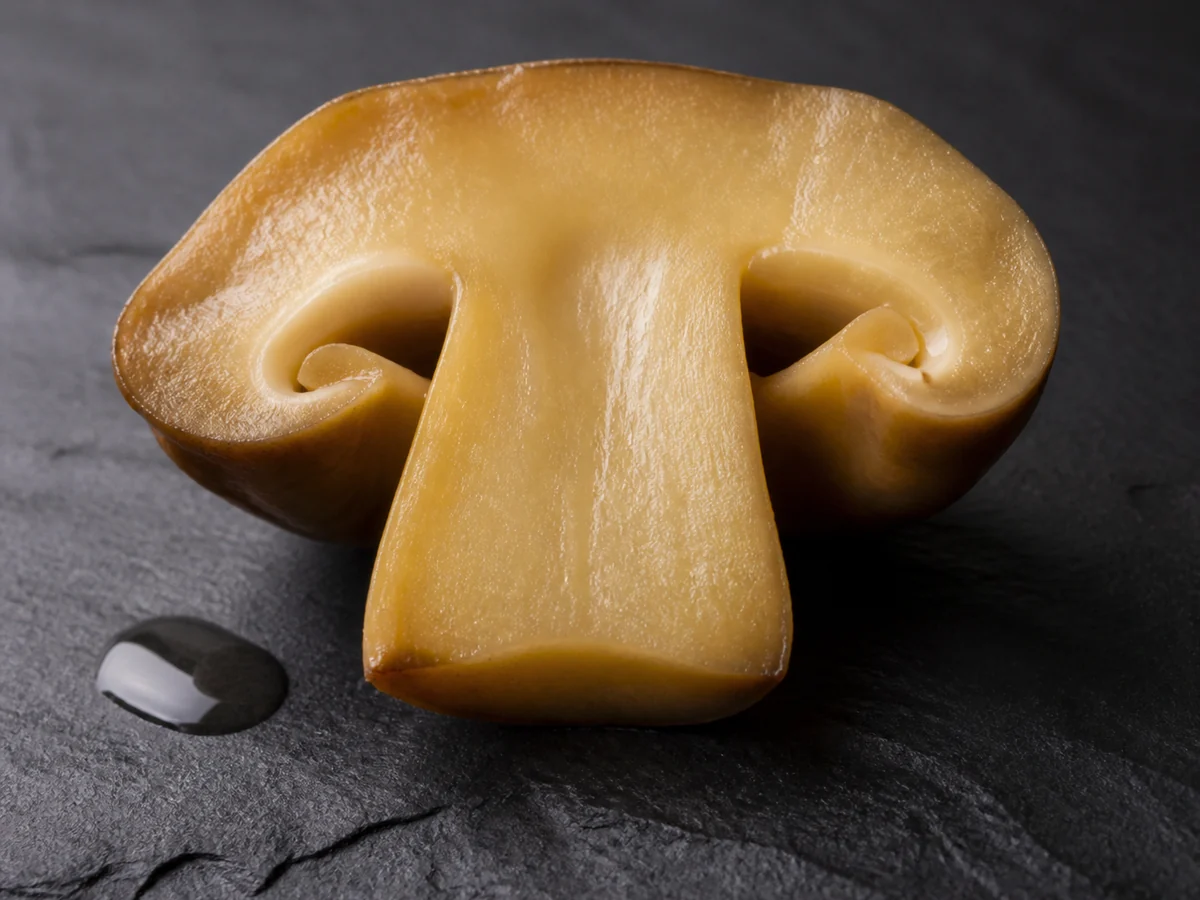Single pickled mushroom cut in half showing a dense translucent interior, on dark slate