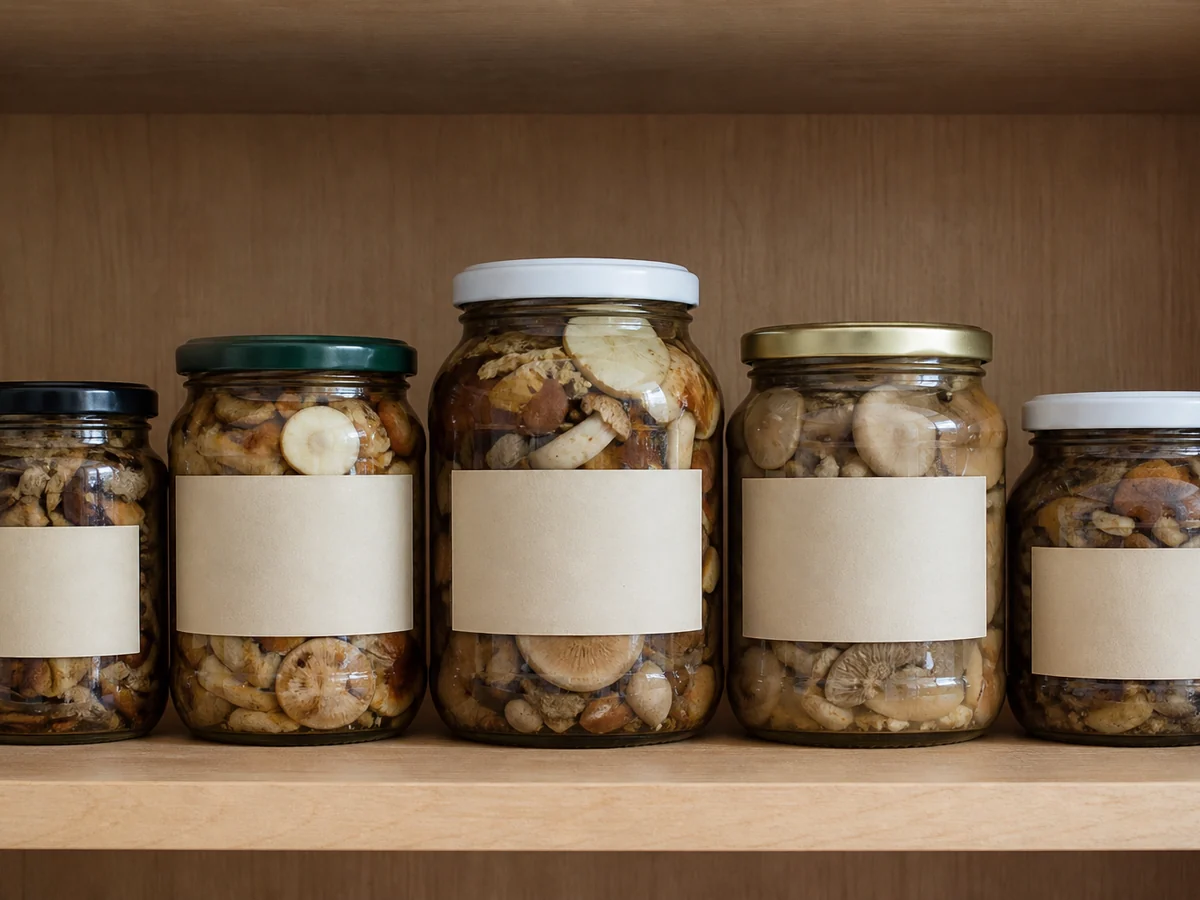 Row of five sealed glass jars of pickled mushrooms on a wooden pantry shelf