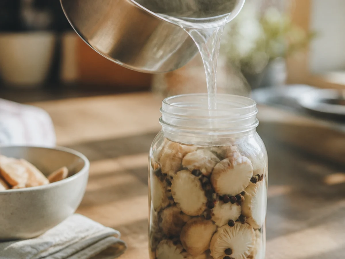 Hot brine being poured from a saucepan into a glass jar packed with mushroom caps and peppercorns