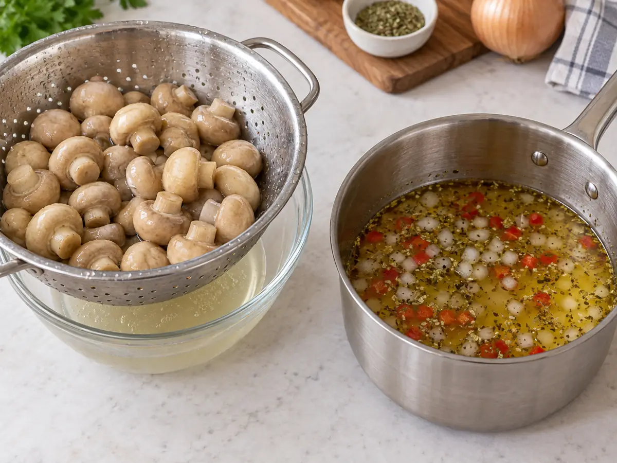 Cooked whole button mushrooms draining in a colander beside a saucepan of herb and pimento marinade