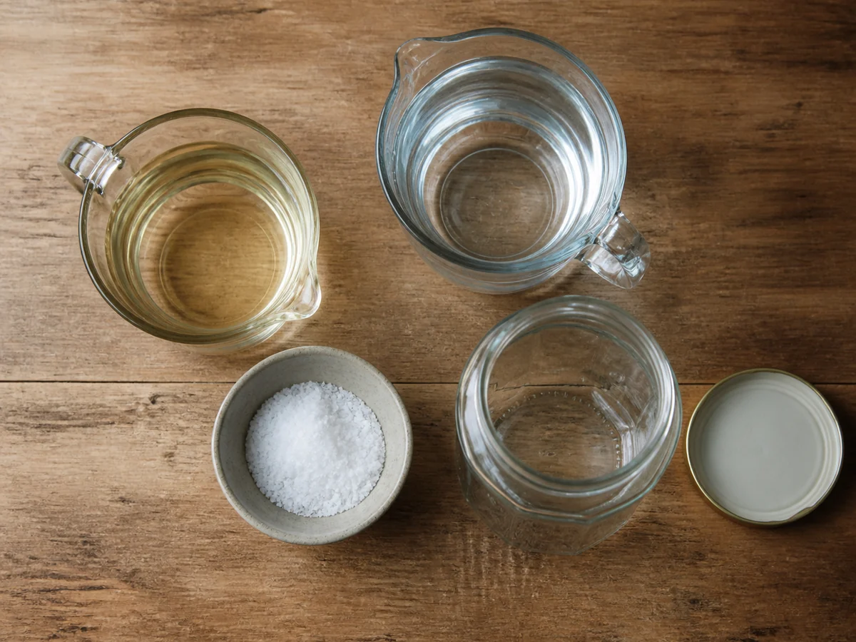 Measuring jugs of vinegar and water beside a bowl of salt and an empty jar on a counter