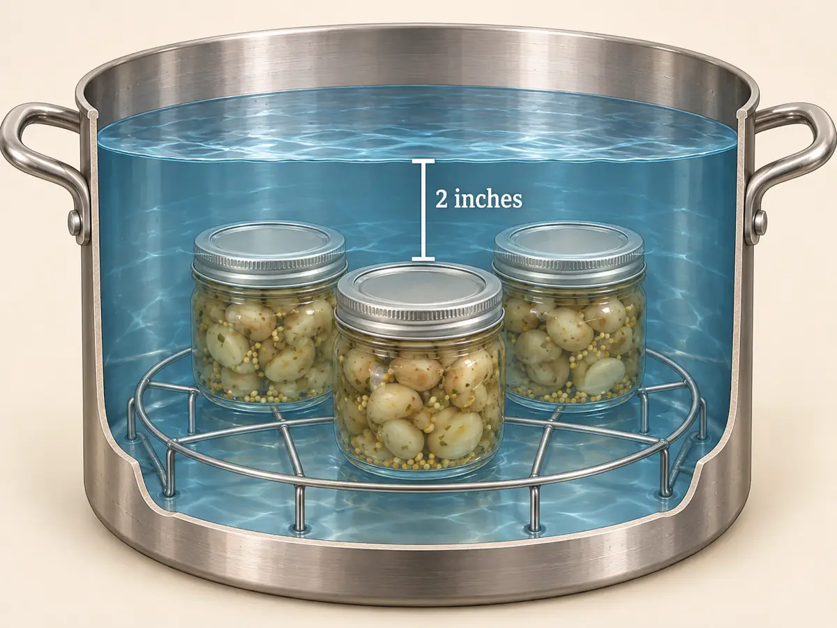 Cutaway diagram showing closed canning jars on a rack with two inches of water above their lids