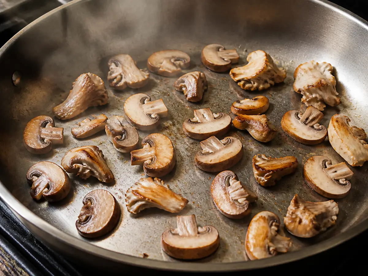 Mushroom pieces in a broad skillet after their released water has evaporated and the first edges have browned