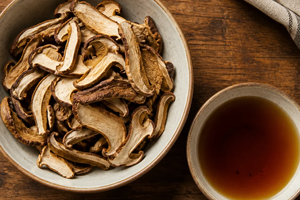 Dried porcini slices in a bowl beside a smaller bowl of dark amber soaking liquid on a kitchen counter