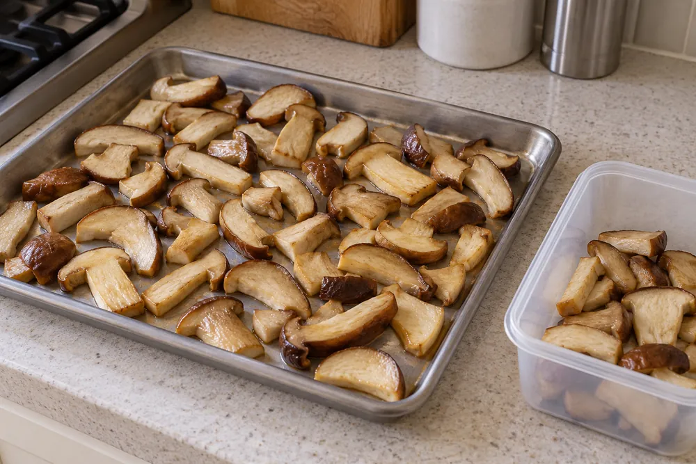 Cooled cooked porcini divided into portions beside a sealed freezer container