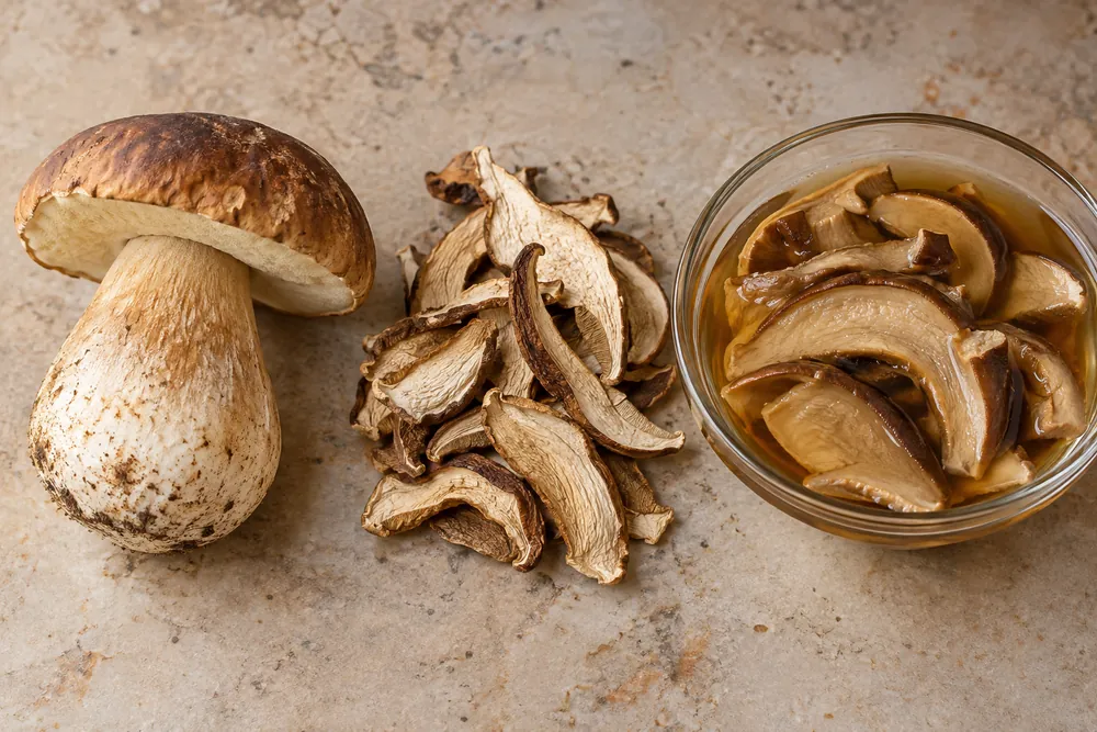 A fresh porcini beside dried slices and rehydrated porcini on a kitchen work surface