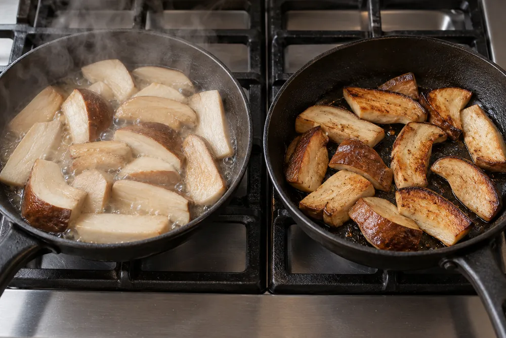 Porcini slices releasing moisture beside browned slices in the later stage of skillet cooking