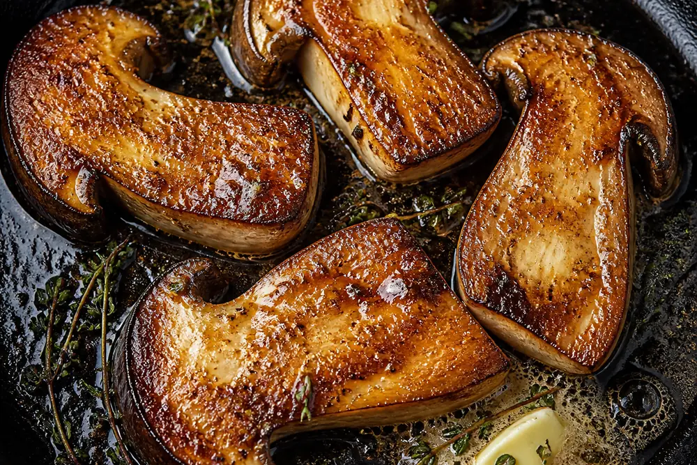 Thick slices of fresh porcini searing in a cast iron pan, deeply browned on the cut faces with butter and thyme