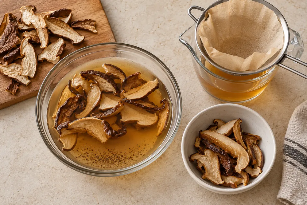 Rehydrated porcini beside settled sediment, a fine filter, and a vessel of strained soaking liquid