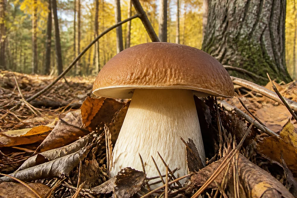 A porcini mushroom growing in pine needle litter in autumn woodland with a thick pale stem and brown cap