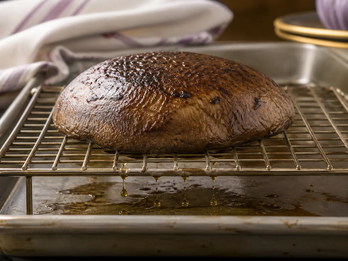A seared portobello cap resting gill-side down on a small rack above collected droplets