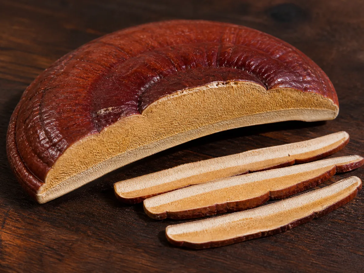 Reishi conk cut through its lacquered cap and pale pore layer with thin slices beside it