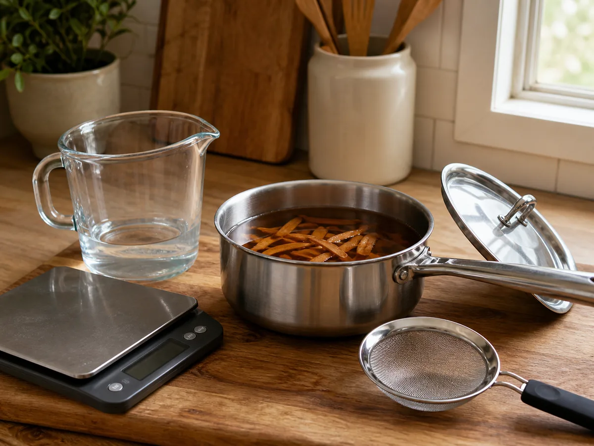 Stainless saucepan with reishi slices in amber water beside a scale, measuring jug, lid, and fine strainer