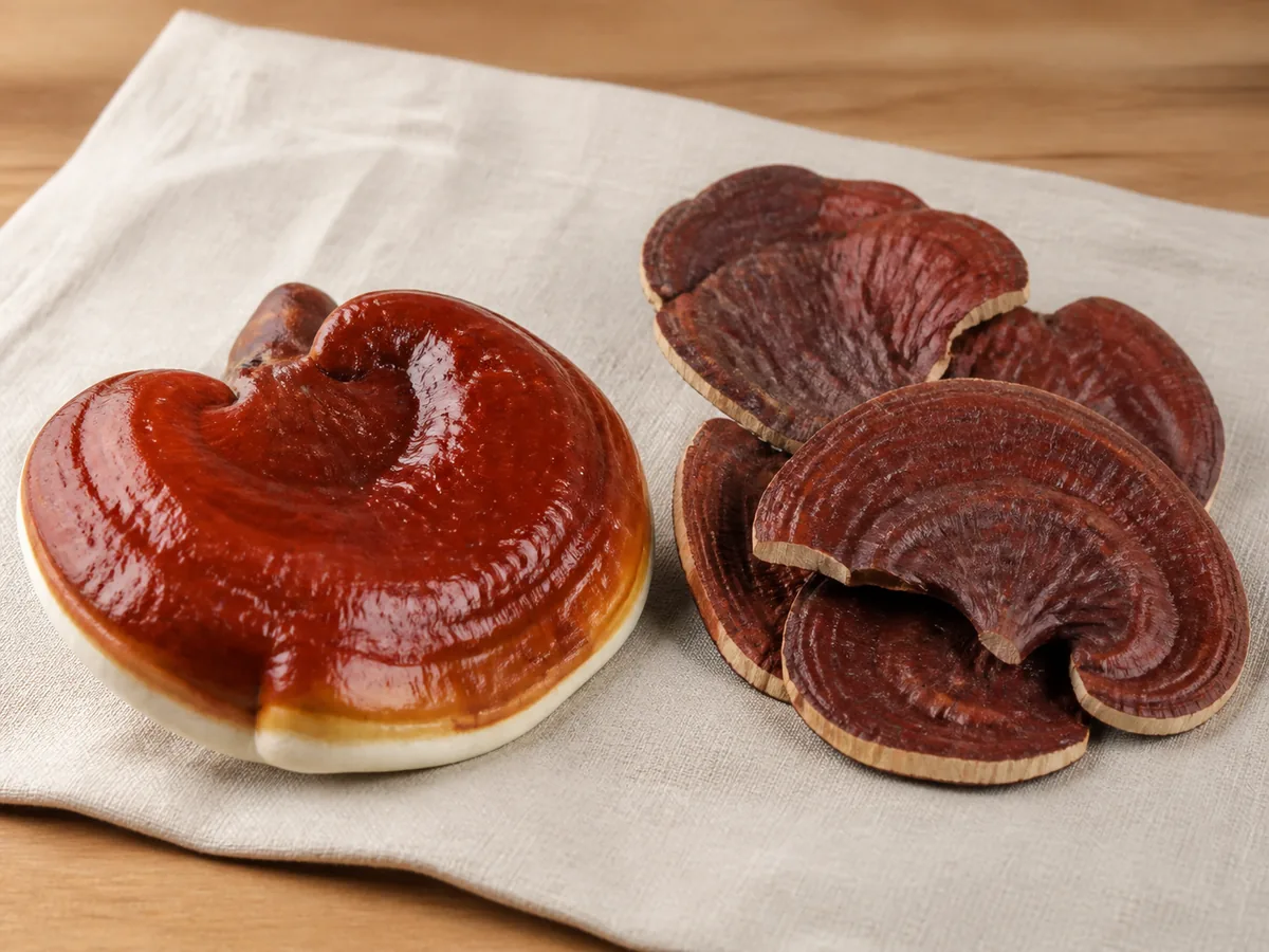 Fresh lacquered reishi with a pale margin beside rigid dried slices