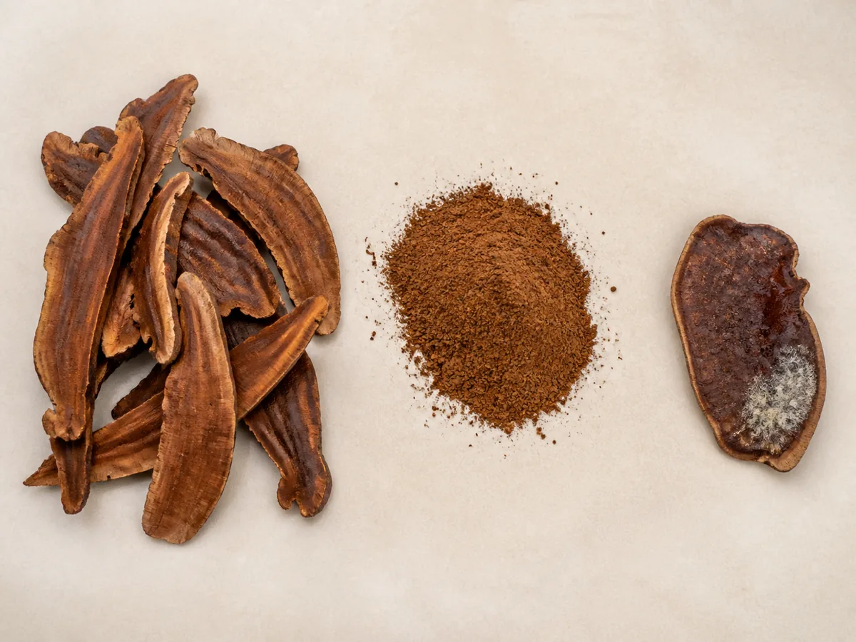 Dried reishi slices beside loose brown powder and one slice with pale fuzzy contamination