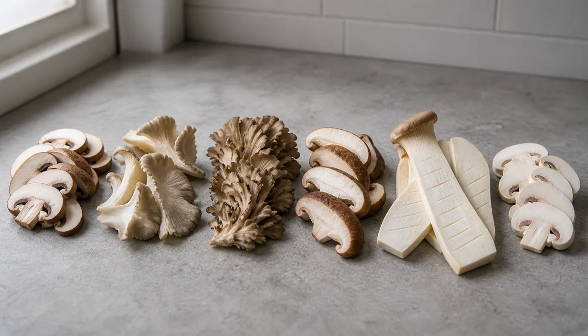 Cremini and white button slices, broad oyster fans, maitake clusters, shiitake slices, and scored king oyster planks prepared for salad