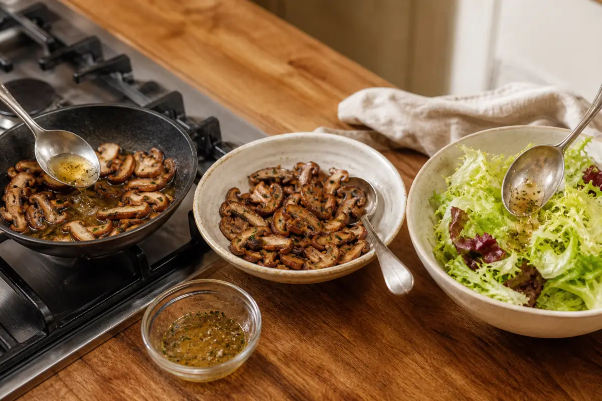 Hot mushrooms deglazed in a pan, cooled mushrooms dressed in a bowl, and delicate greens dressed separately