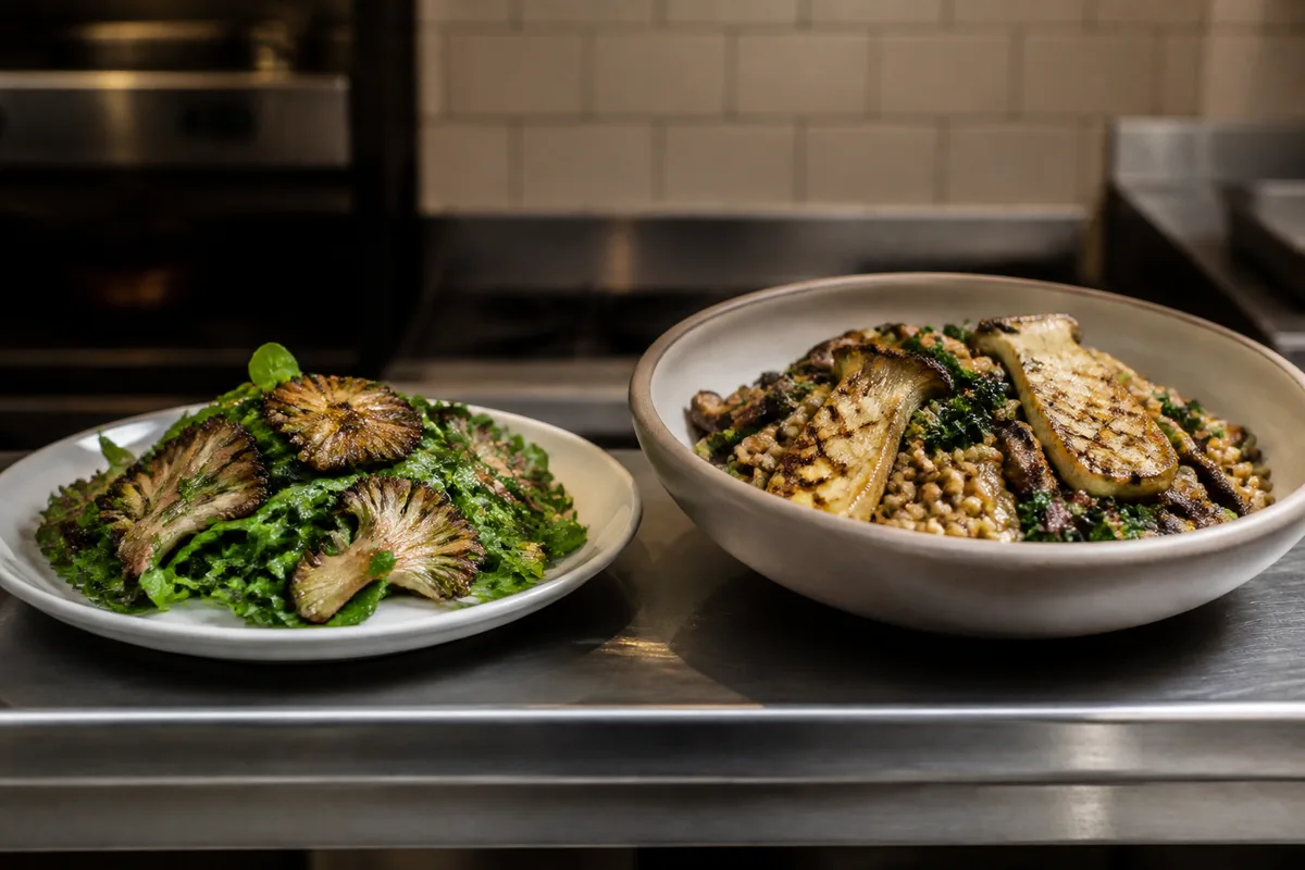 A leafy salad topped with browned oyster fans beside a grain salad with seared king oyster planks and sliced shiitake