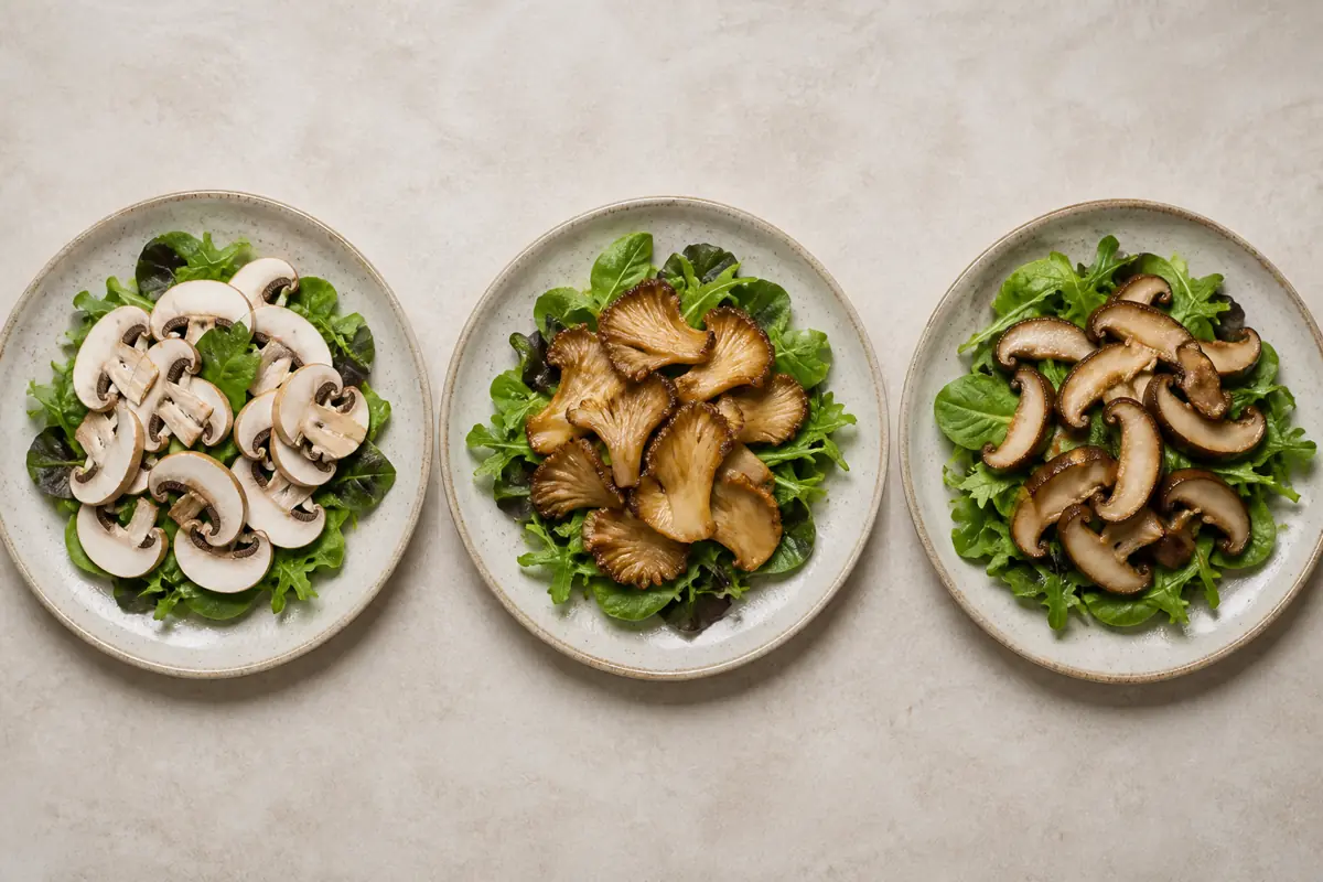 Raw cremini slices, warm browned oyster mushrooms, and chilled shiitake shown on three comparable salads