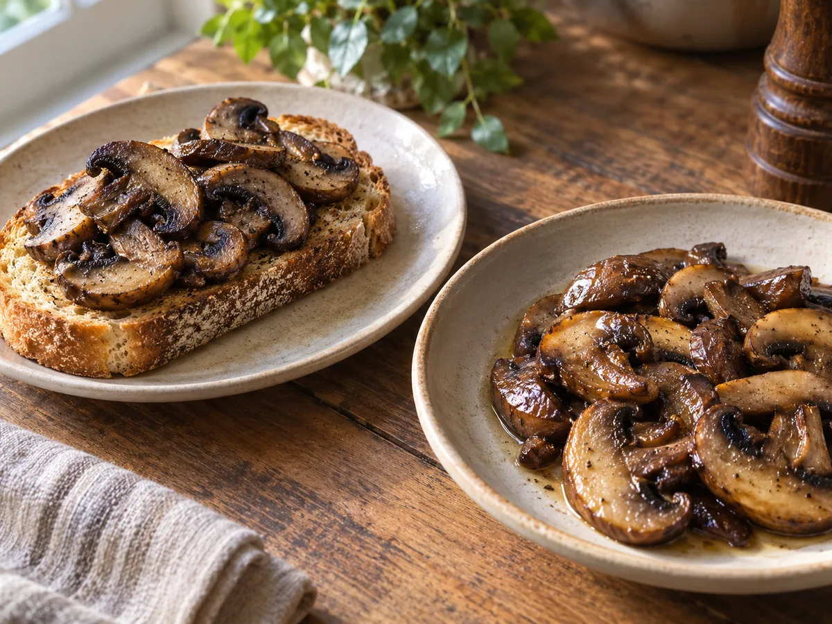 Dry browned mushrooms on toast beside mushrooms with a thin glossy coating on a plate