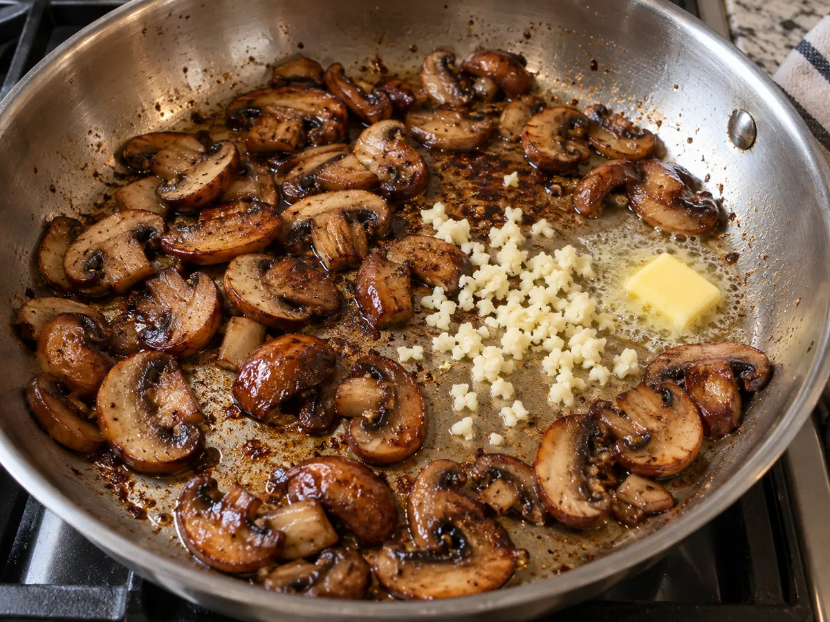 Pale minced garlic and a small piece of butter added to browned cremini in a stainless skillet
