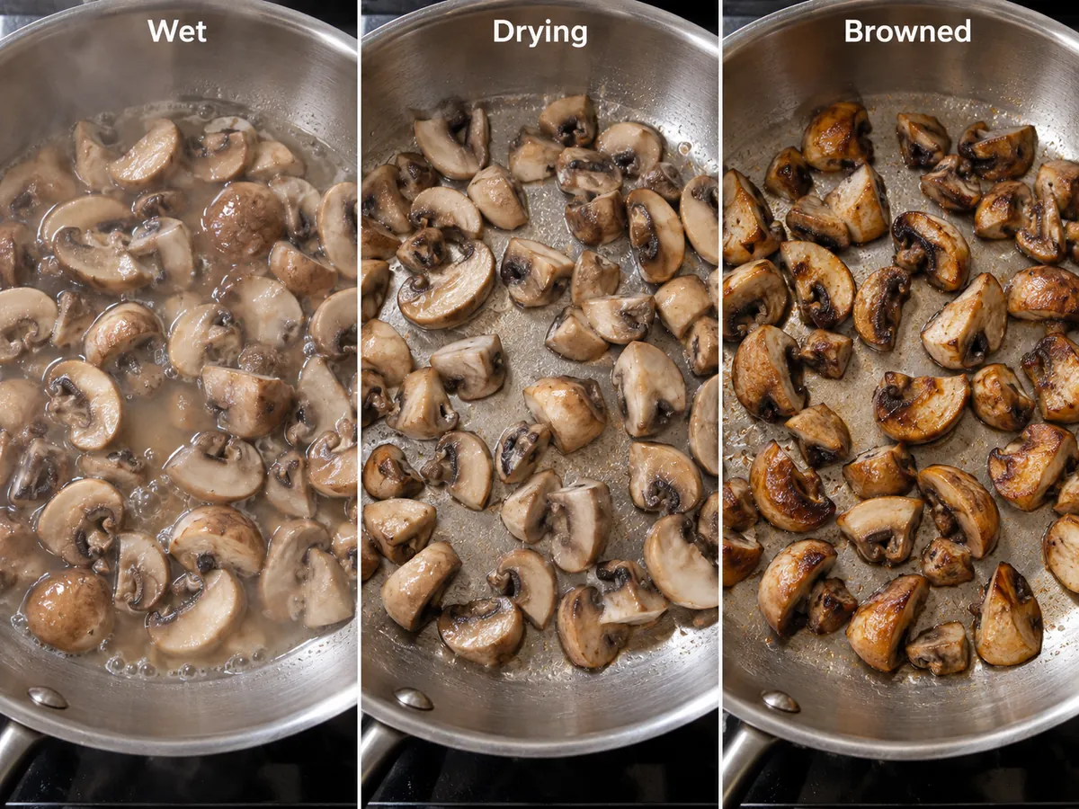 Three skillet views showing pooled liquid, evaporating liquid and browned cremini pieces