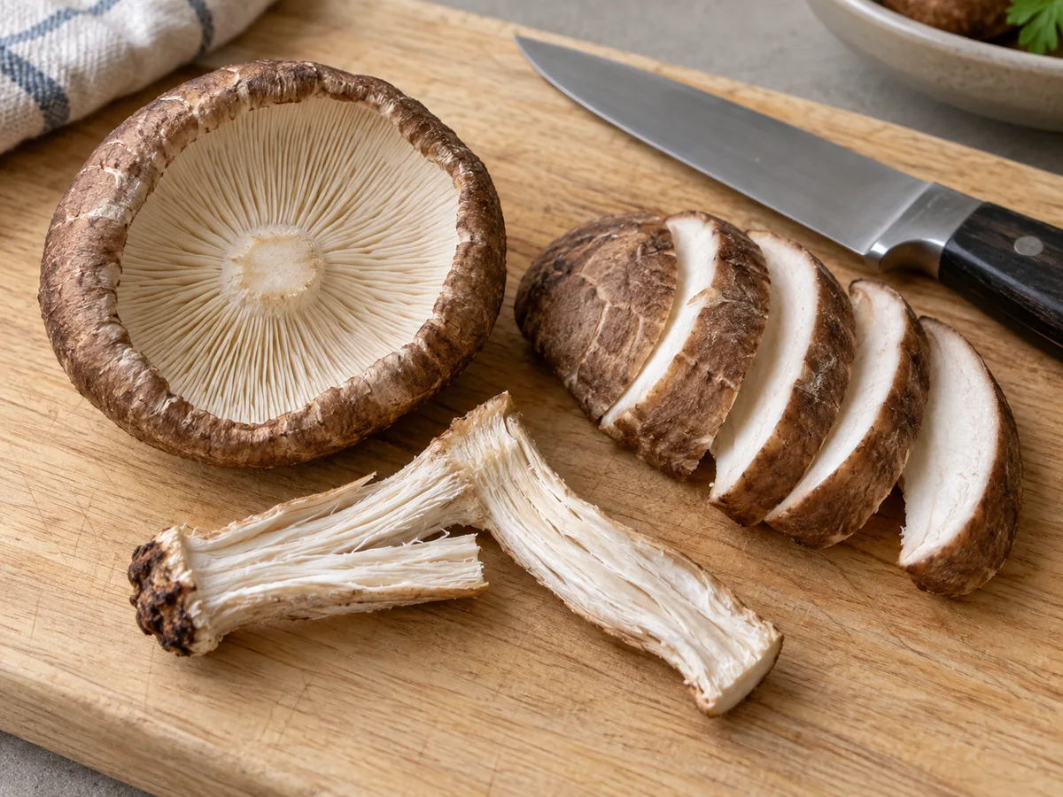 Shiitake cap slices beside a lengthwise split fibrous stem and an intact cap underside